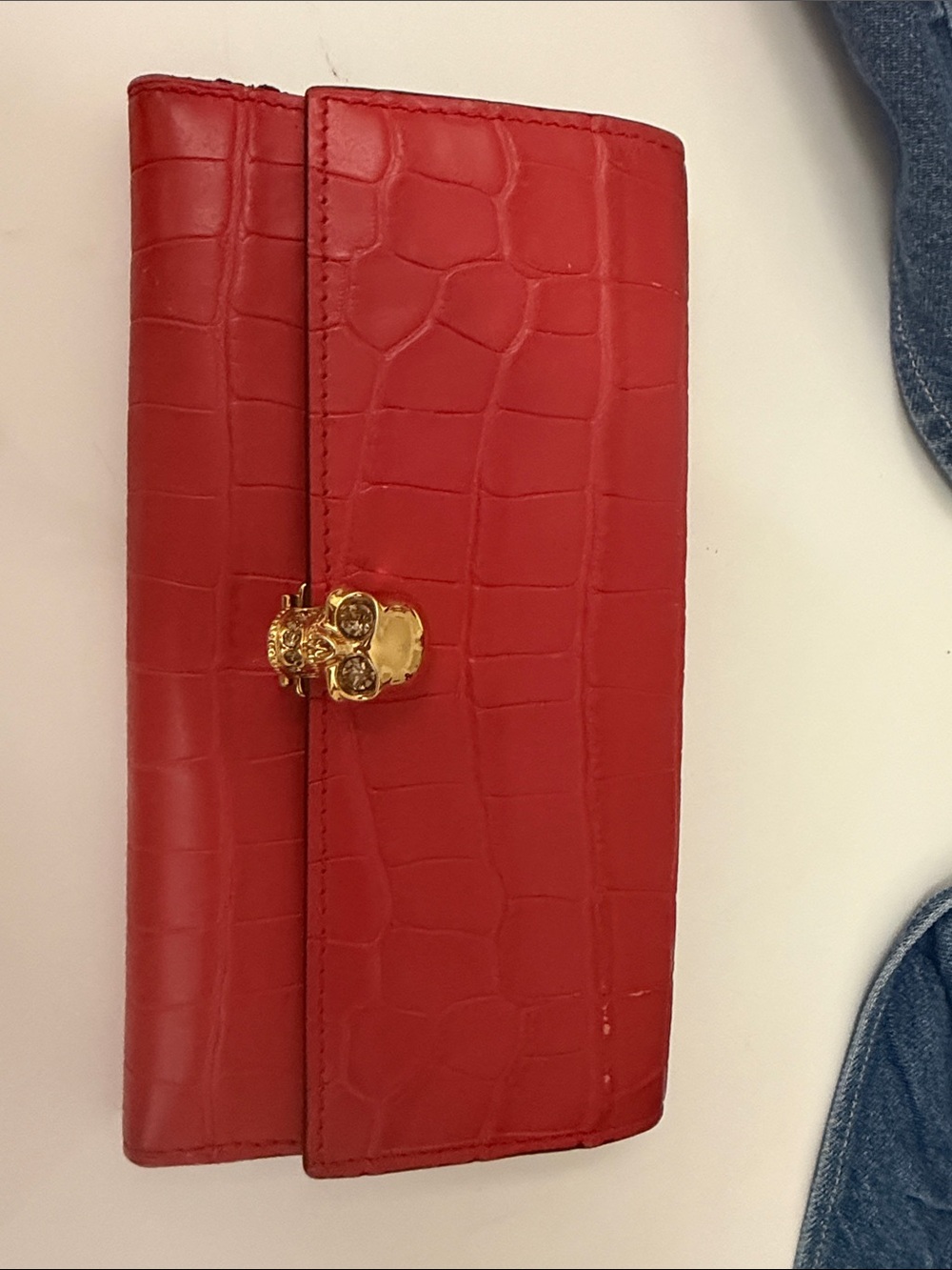 Alexander McQueen Red Croc-Embossed Leather Wallet with Gold Skull Detail
